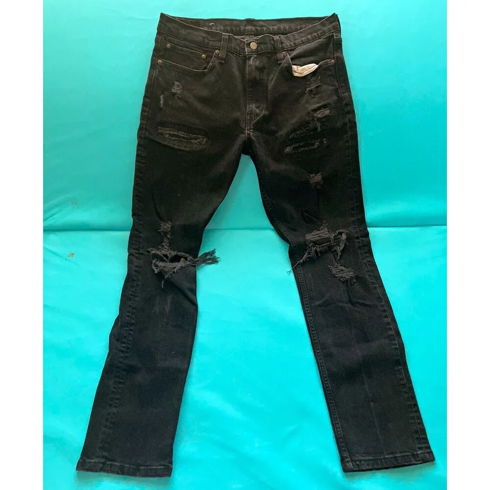 Levi's Men's Slim Fit Black Dark Wash Denim Jeans Mid Rise Distressed